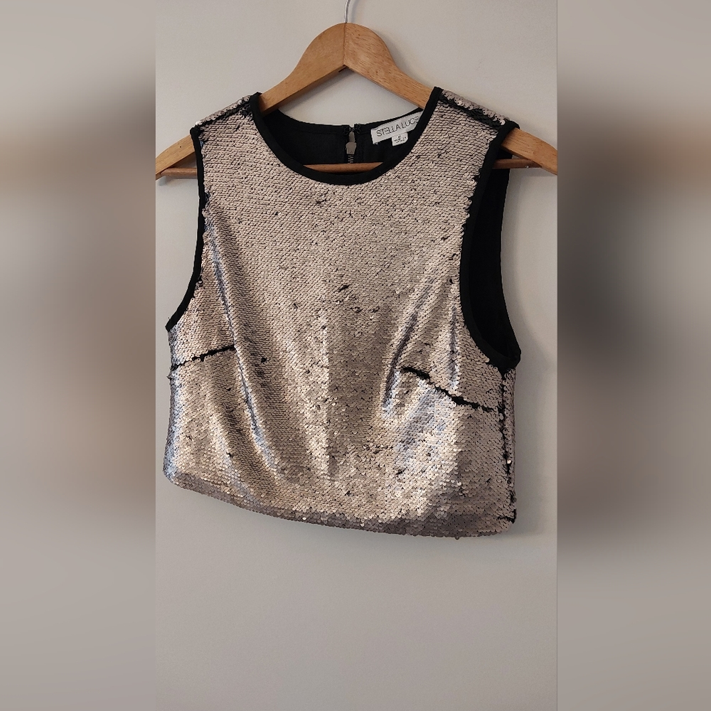 Medium Stella Luce Silver and Black Sequin Crop Top
